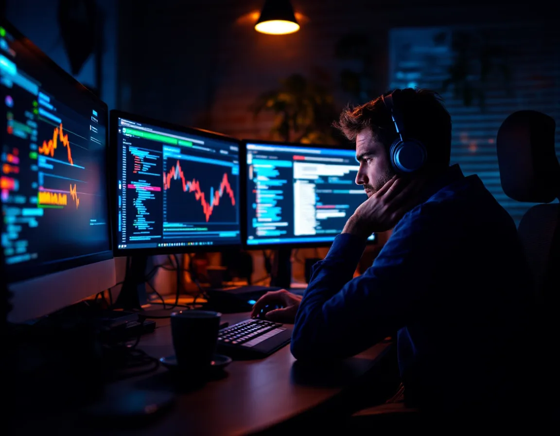 A single in-house IT administrator working alone late at night surrounded by monitors and support tickets