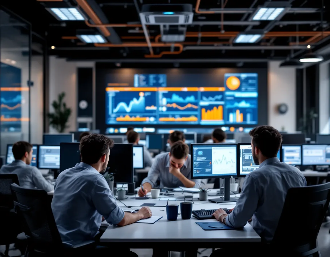 A managed IT services team collaborating in a modern network operations center with monitoring dashboards