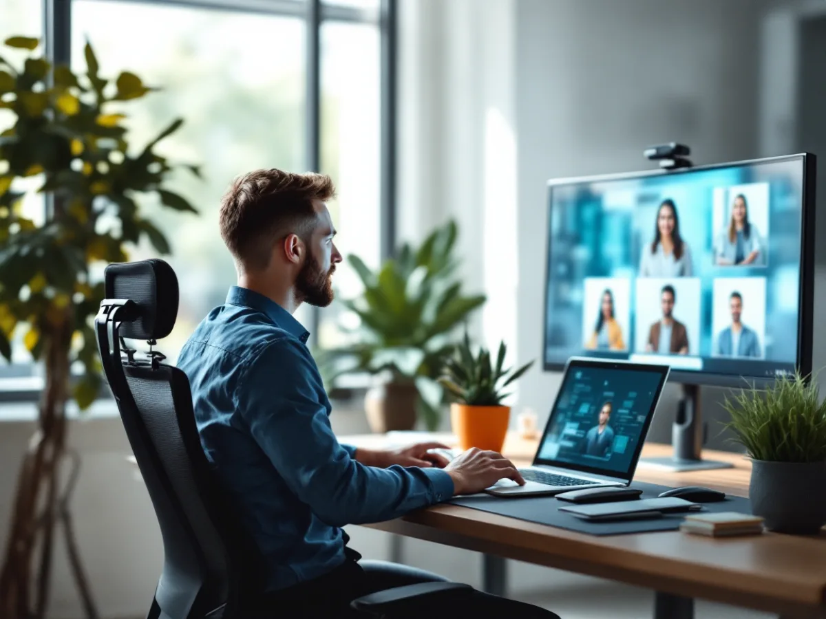 An internal IT manager on a video call with an external managed services team, illustrating co-managed IT