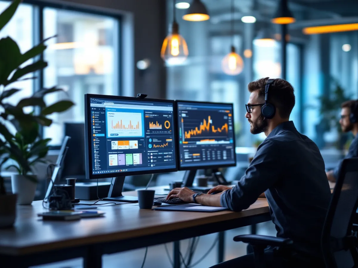 A small in-house IT team working at desks inside a company office, illustrating fully owned internal IT