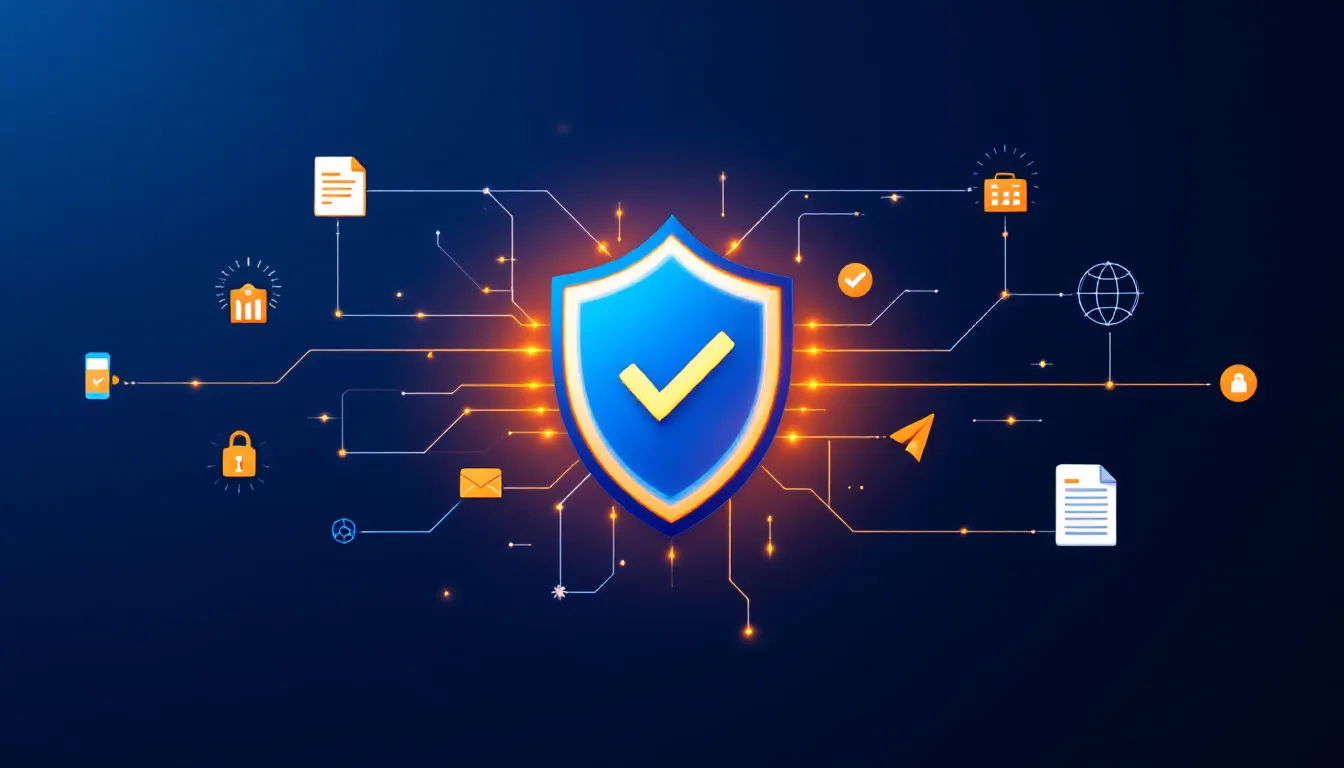 IT security and compliance with a shield checkmark over connected business systems and documents