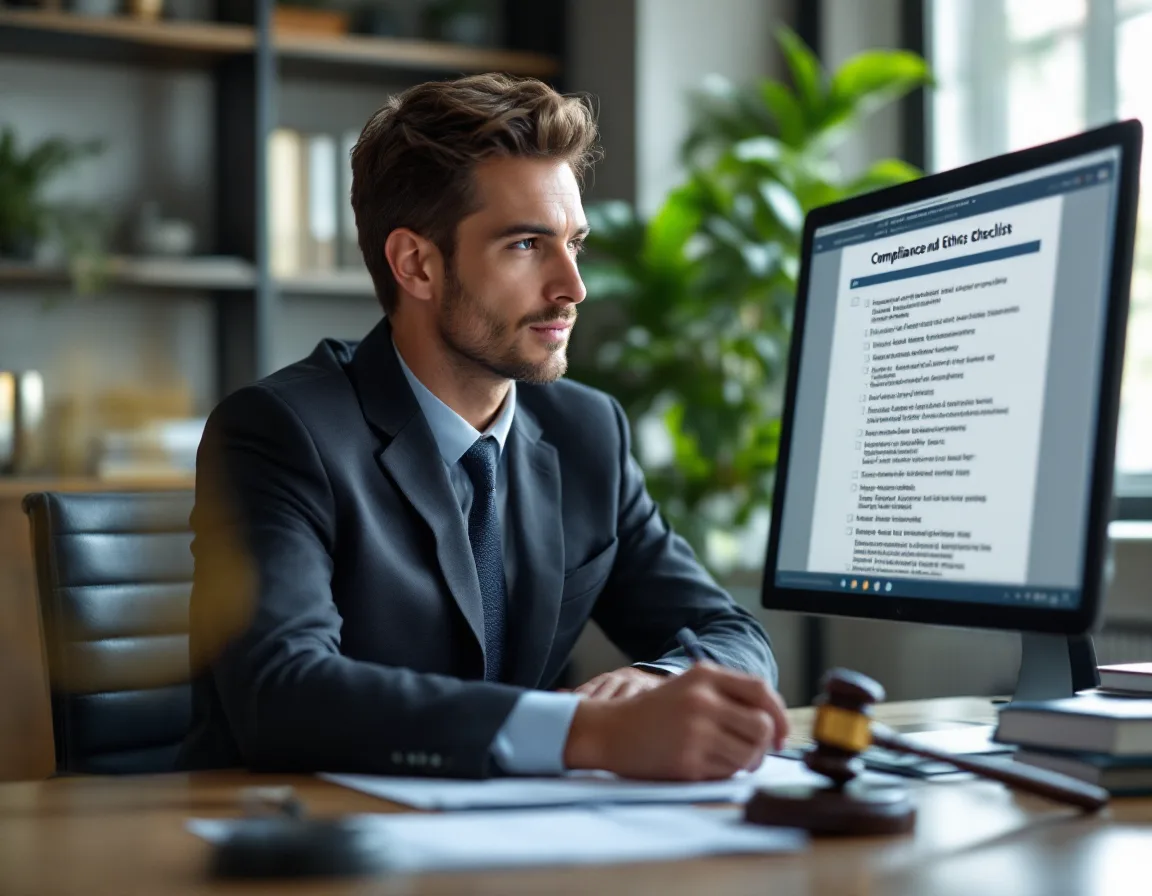 Lawyer reviewing a cybersecurity compliance checklist on a computer screen in a law office
