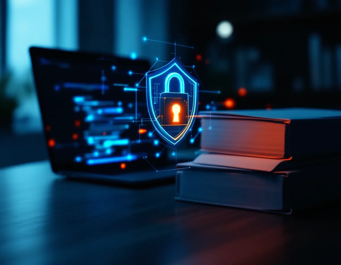 Digital padlock and shield over confidential legal case files on an attorney desk