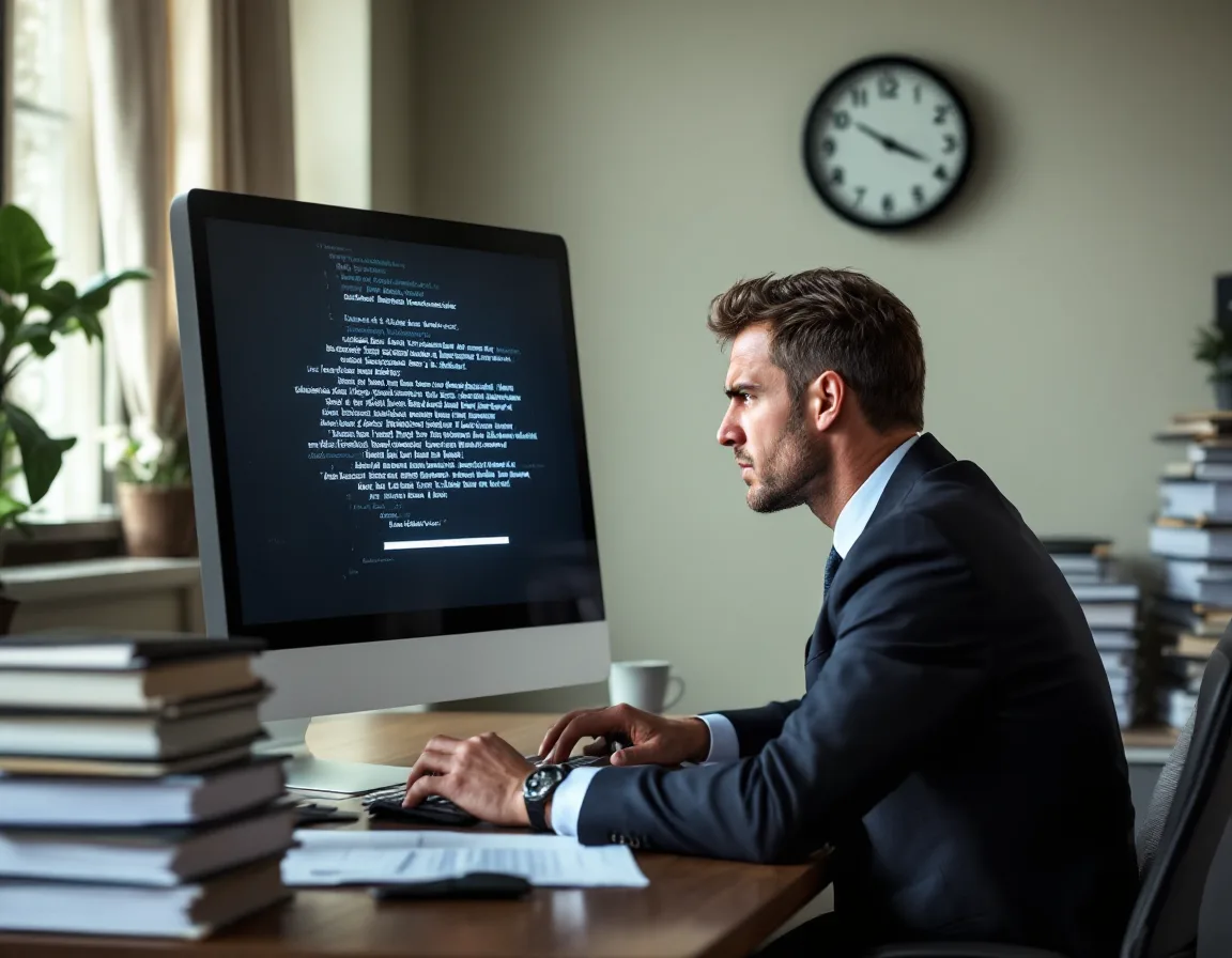 Frustrated attorney waiting at a frozen computer screen with a clock showing lost billable time