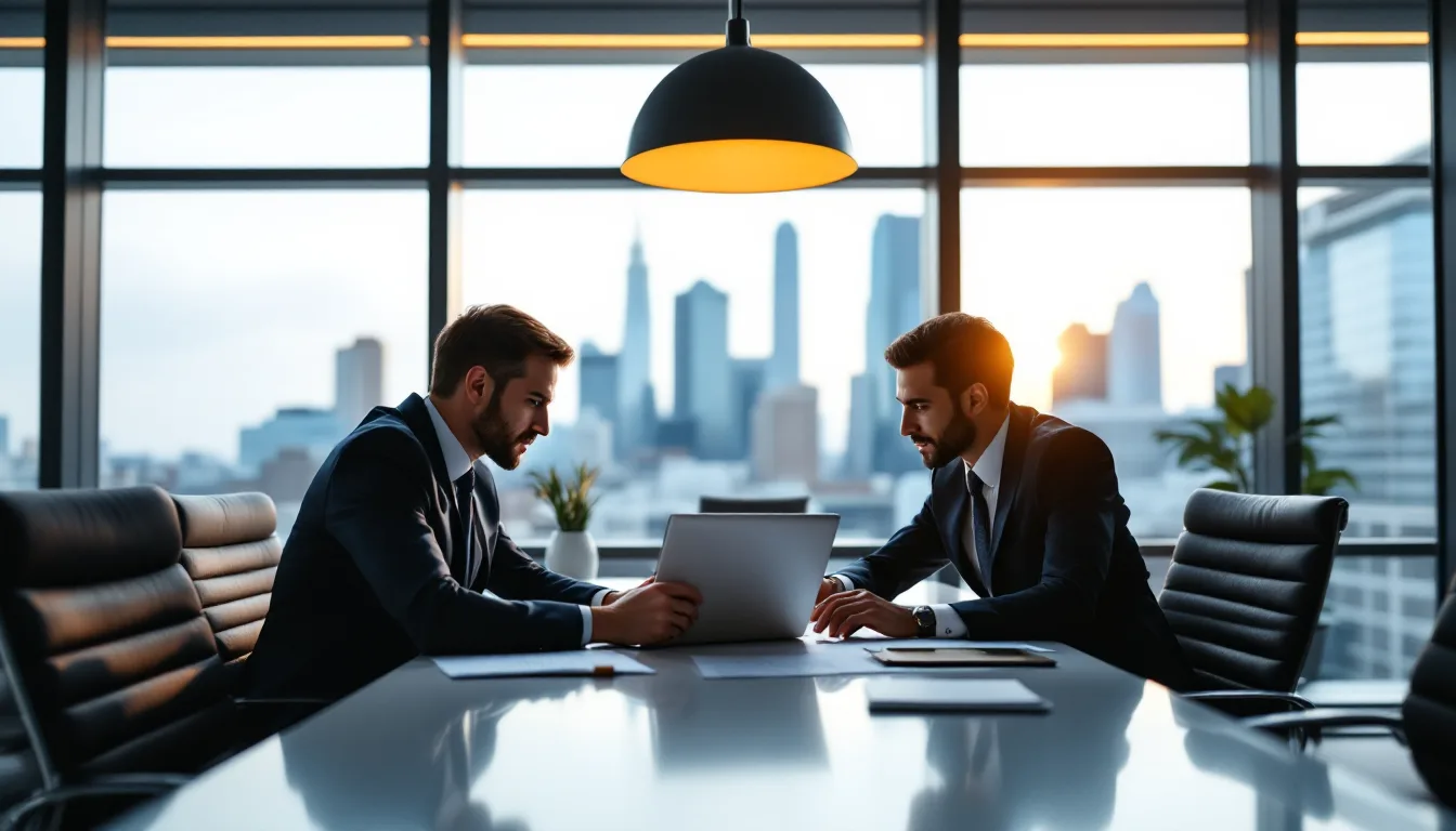 Attorneys collaborating in a modern Dallas law firm office with the downtown skyline in the background