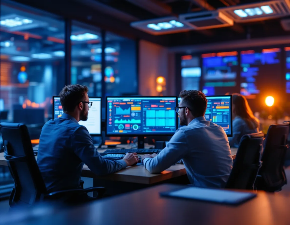 Managed IT services team monitoring security dashboards in an operations center