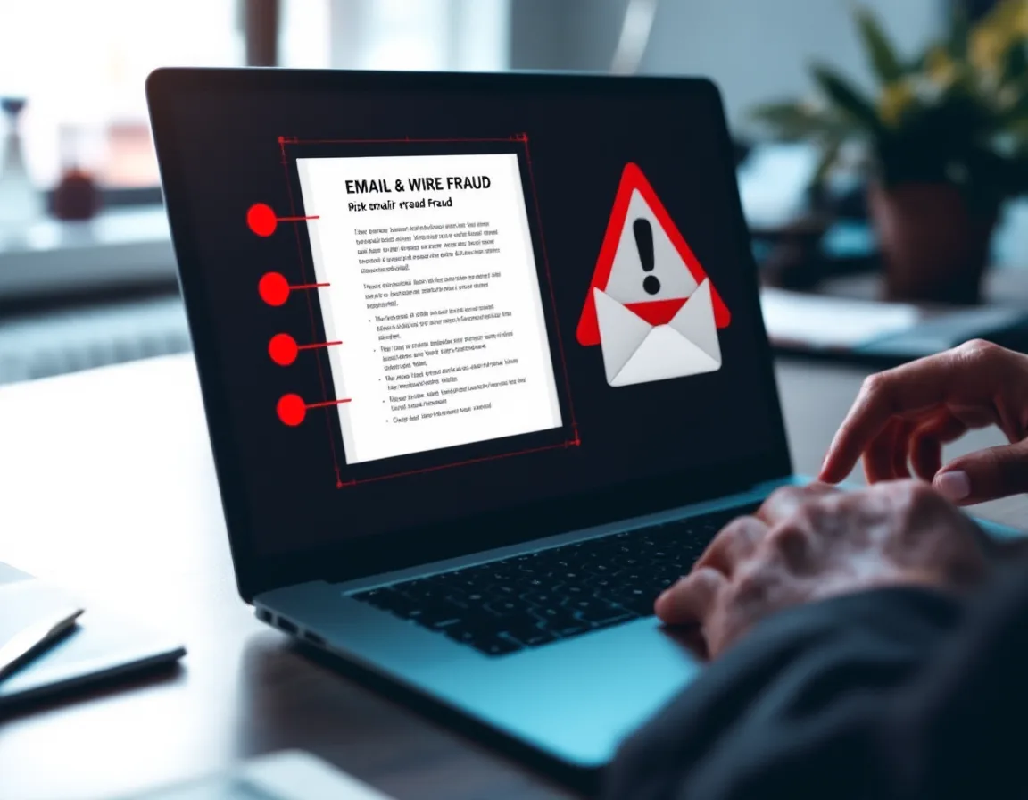 Suspicious email with a warning symbol on a laptop at a law firm signaling wire fraud risk