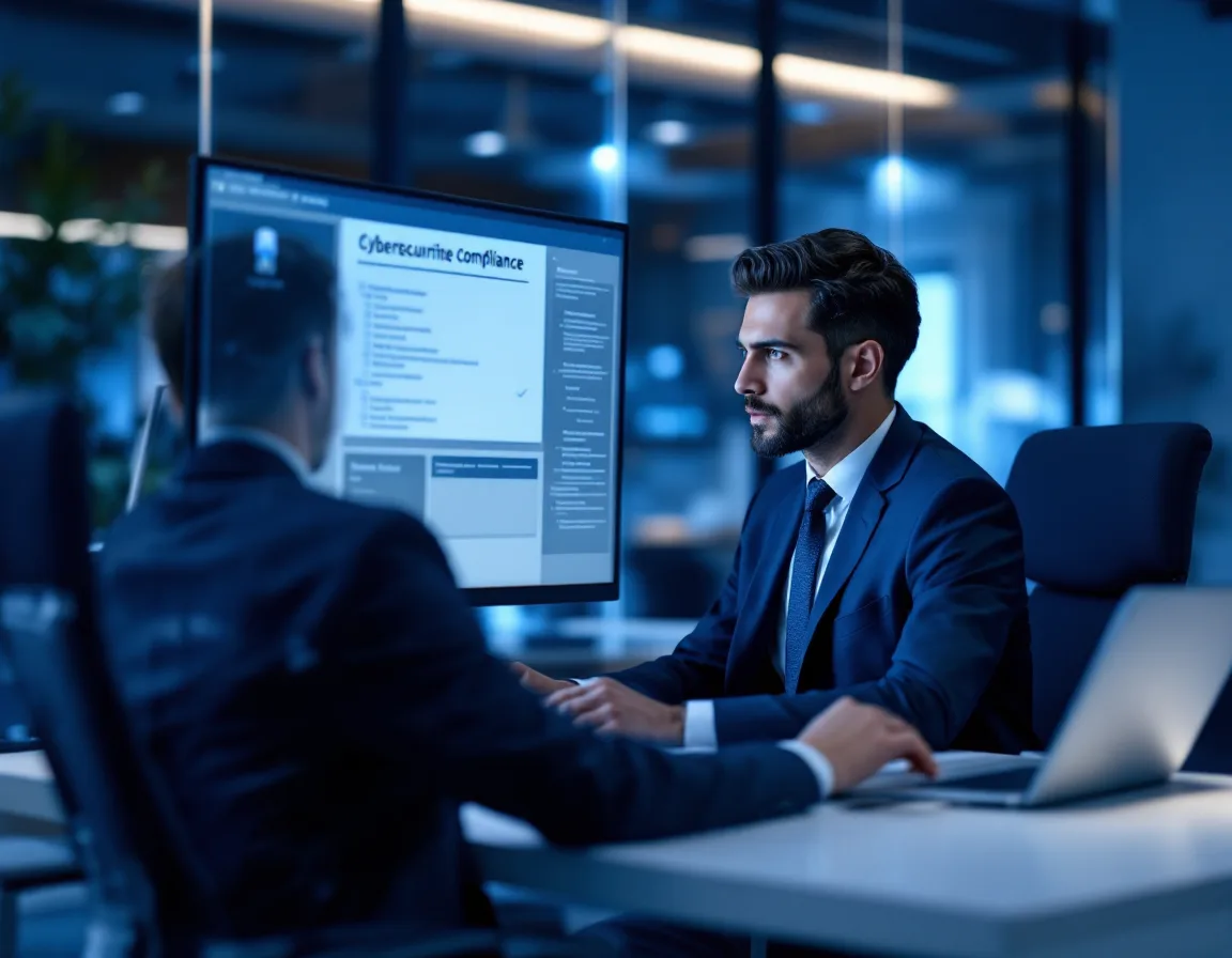 Lawyer reviewing a cybersecurity compliance checklist on a computer screen in a San Antonio law office