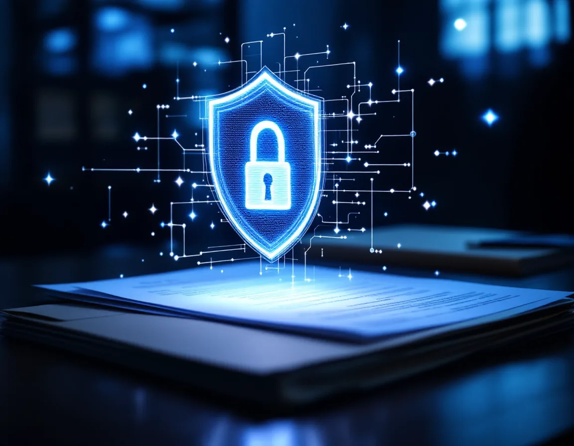 Digital padlock and shield over confidential legal case files on a San Antonio attorney desk
