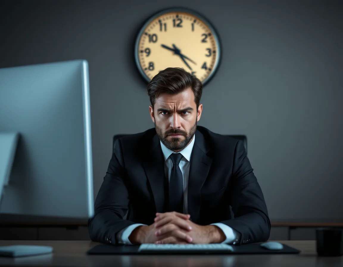 Frustrated attorney waiting at a frozen computer screen with a clock showing lost billable time