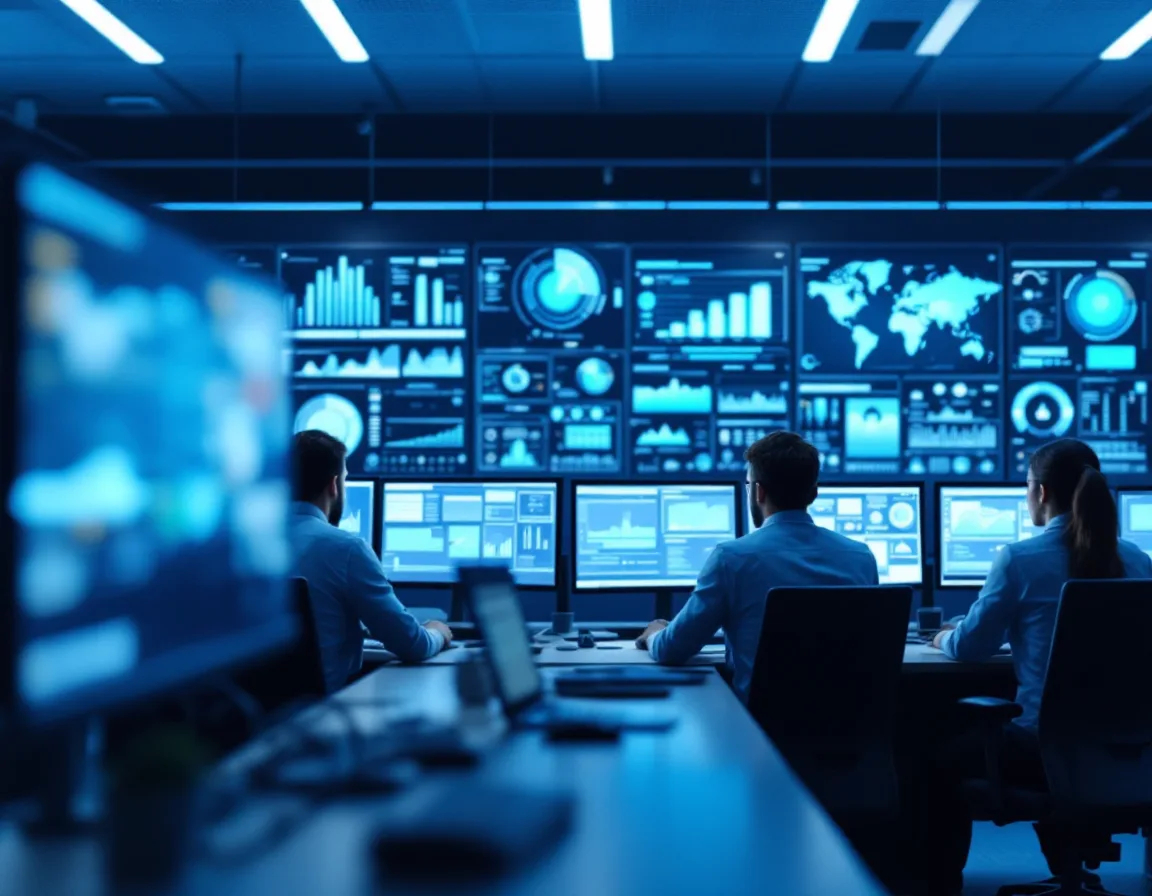Managed IT services team monitoring security dashboards in an operations center