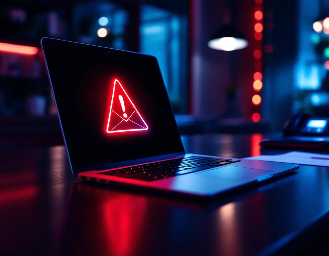 Suspicious email with a warning symbol on a laptop at a San Antonio law firm signaling wire fraud risk