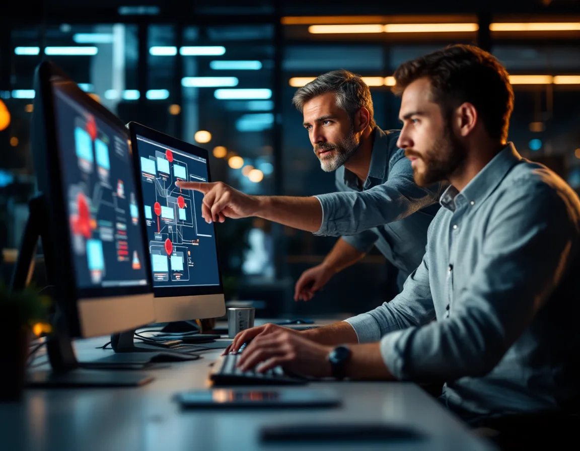 Internal IT manager and an outsourced support engineer troubleshooting a network topology together on screen in a co-managed setup