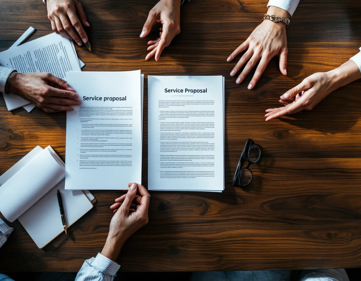 Overhead view of two printed IT service proposals side by side on a conference table as buyers compare pricing units