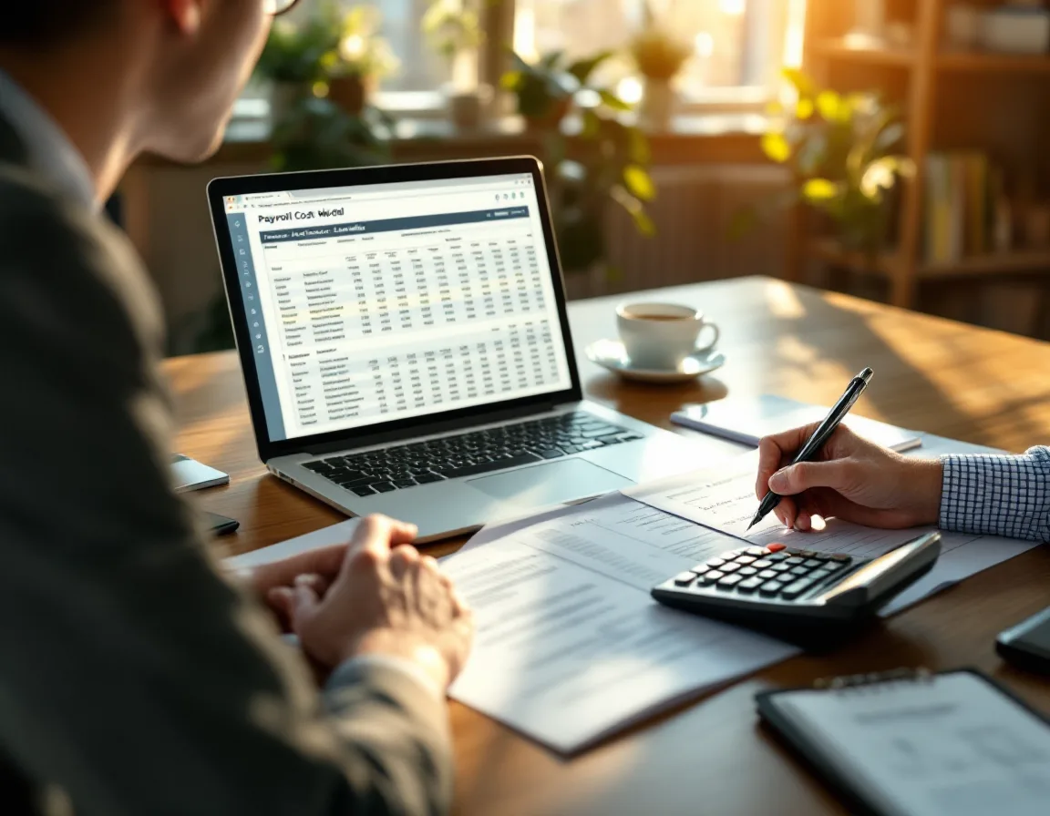 Finance manager building a fully loaded payroll cost model for an in-house help desk hire using a laptop spreadsheet and calculator