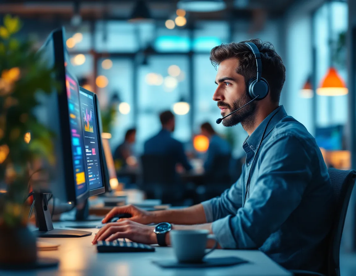 IT help desk technician wearing a headset works a live ticket queue on dual monitors in an open-plan office