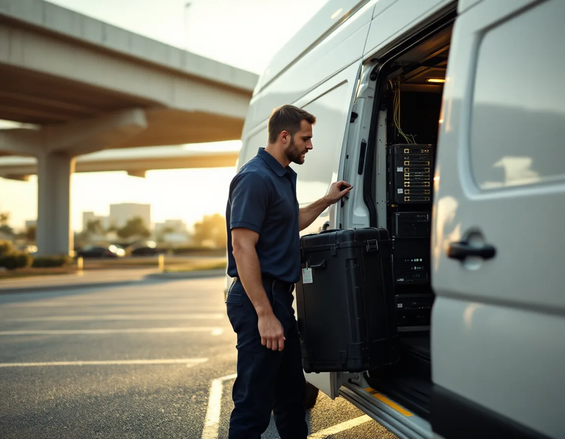 Field IT technician loading network equipment into a service van in a Dallas-Fort Worth office park beside a highway overpass