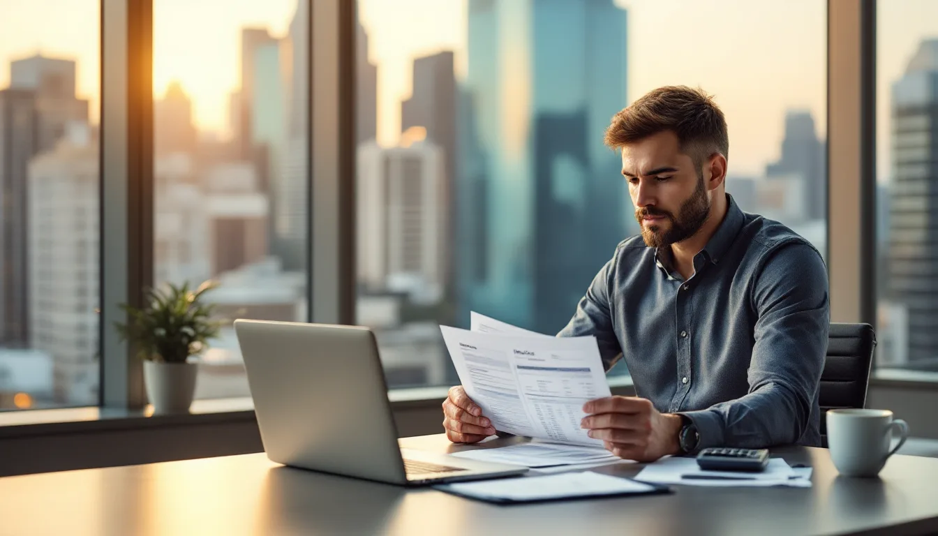 Dallas business owner at a high-rise office desk reviewing printed IT support invoices against a laptop spreadsheet