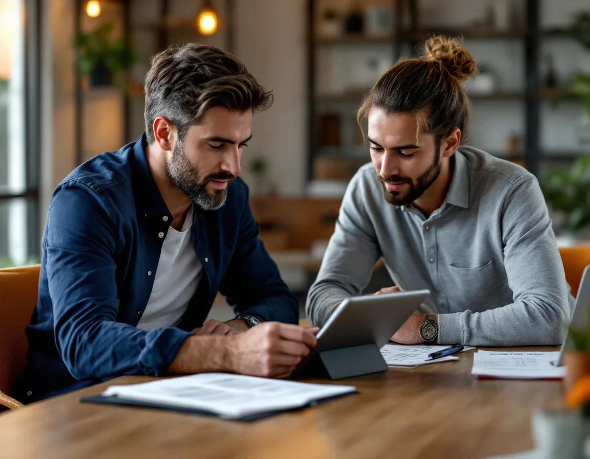Business owner and IT advisor reviewing a monthly IT support pricing plan on a tablet