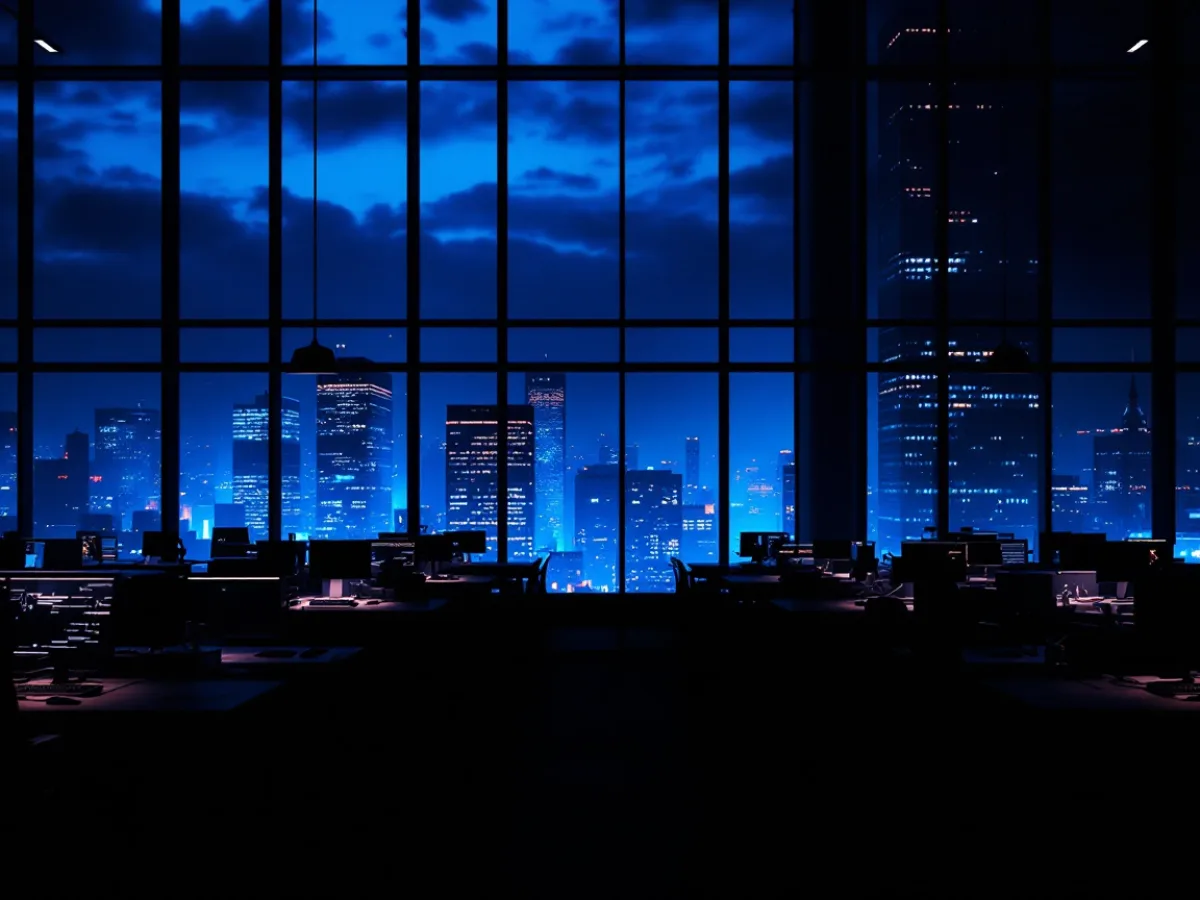 Empty office at night with a server rack showing amber and red status lights during an after-hours outage