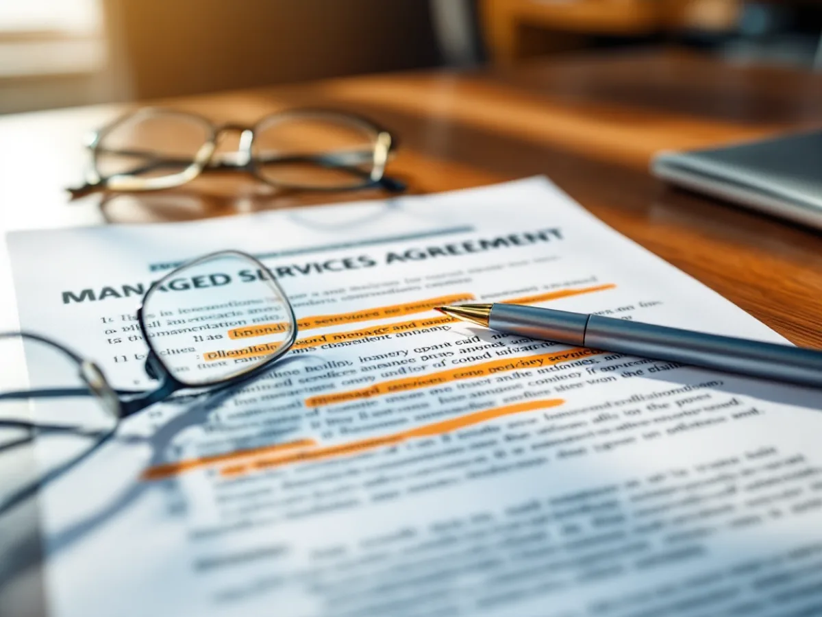 Managed services agreement on a conference table with SLA clauses marked in orange highlighter