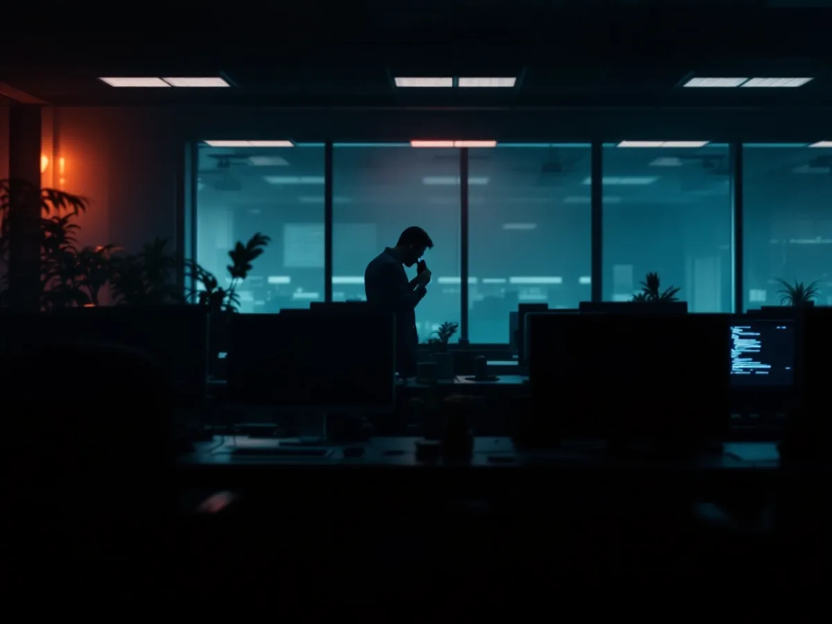 Darkened office during a network outage with blank monitors and a concerned business owner