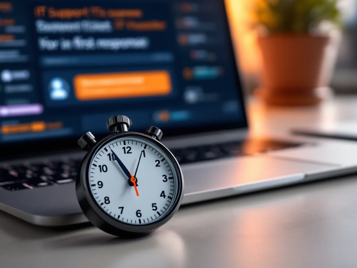 Stopwatch beside a laptop opening an IT support ticket, illustrating first response time