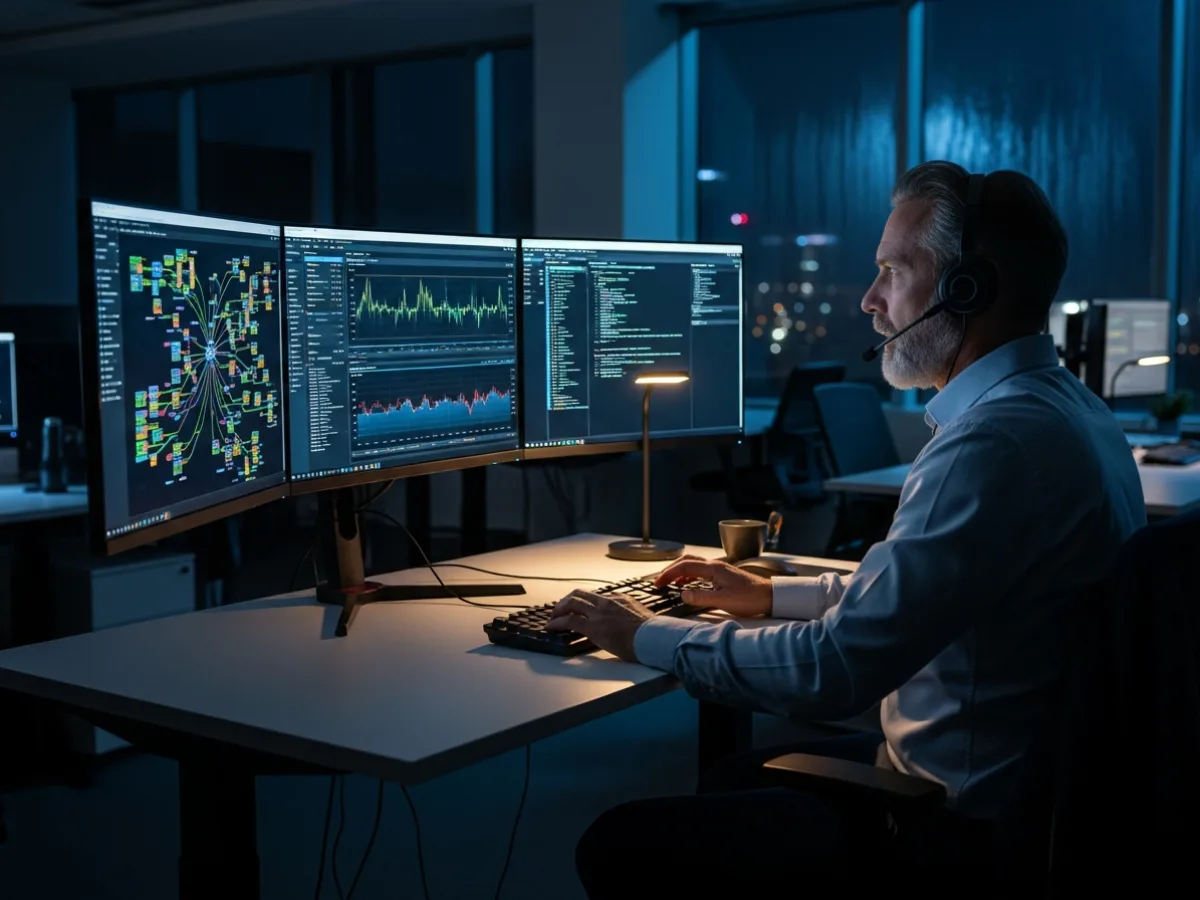 Senior network engineer working an after-hours escalation on monitoring and network topology screens in a darkened office
