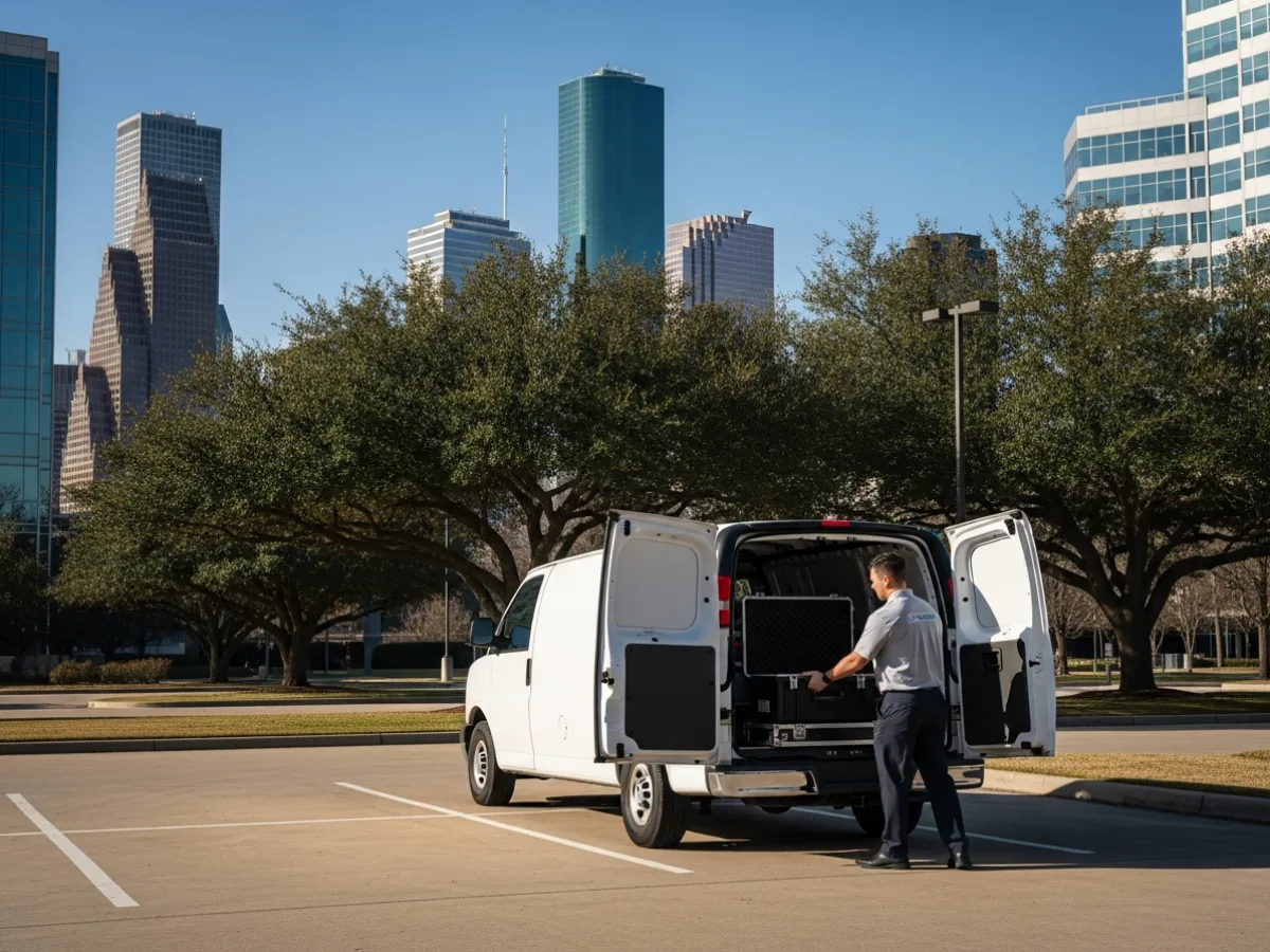 Field technician loading a service case into a van for an onsite dispatch to a Houston office park
