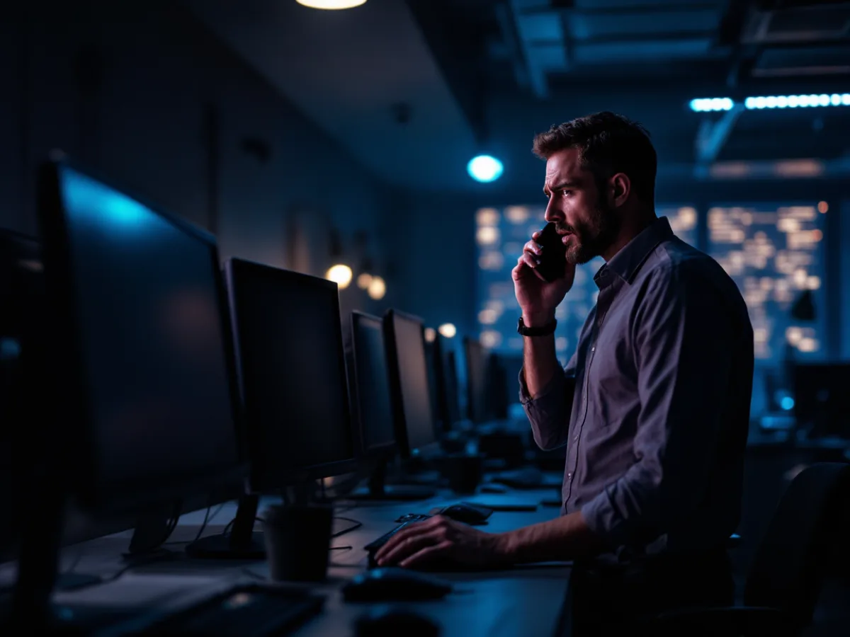 Darkened San Antonio office during a network outage with blank monitors