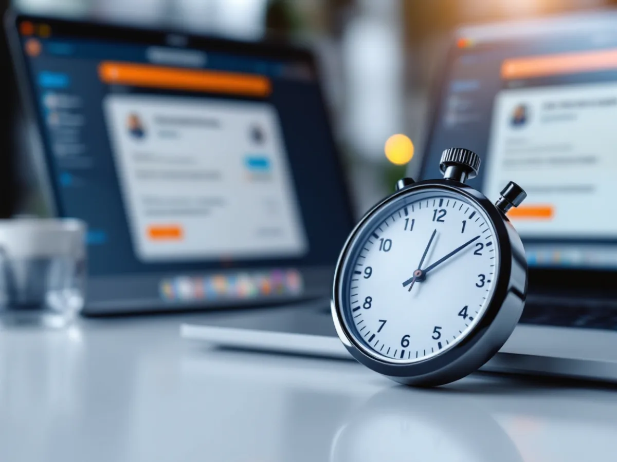 Stopwatch beside a laptop opening an IT support ticket, illustrating first response time