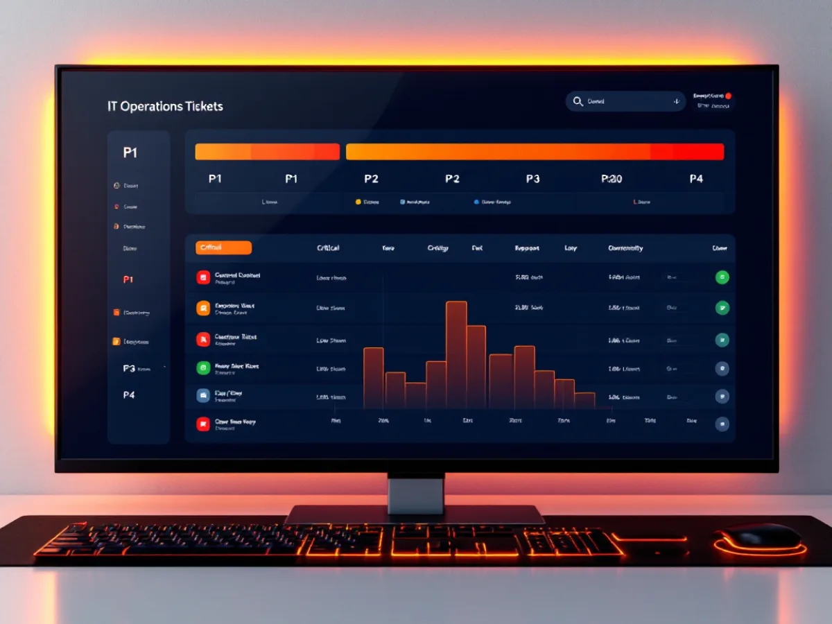 IT operations dashboard showing color-coded ticket priority levels P1 to P4