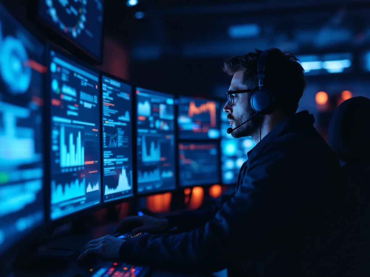 Security operations analyst watching managed detection and response alerts on monitoring screens overnight