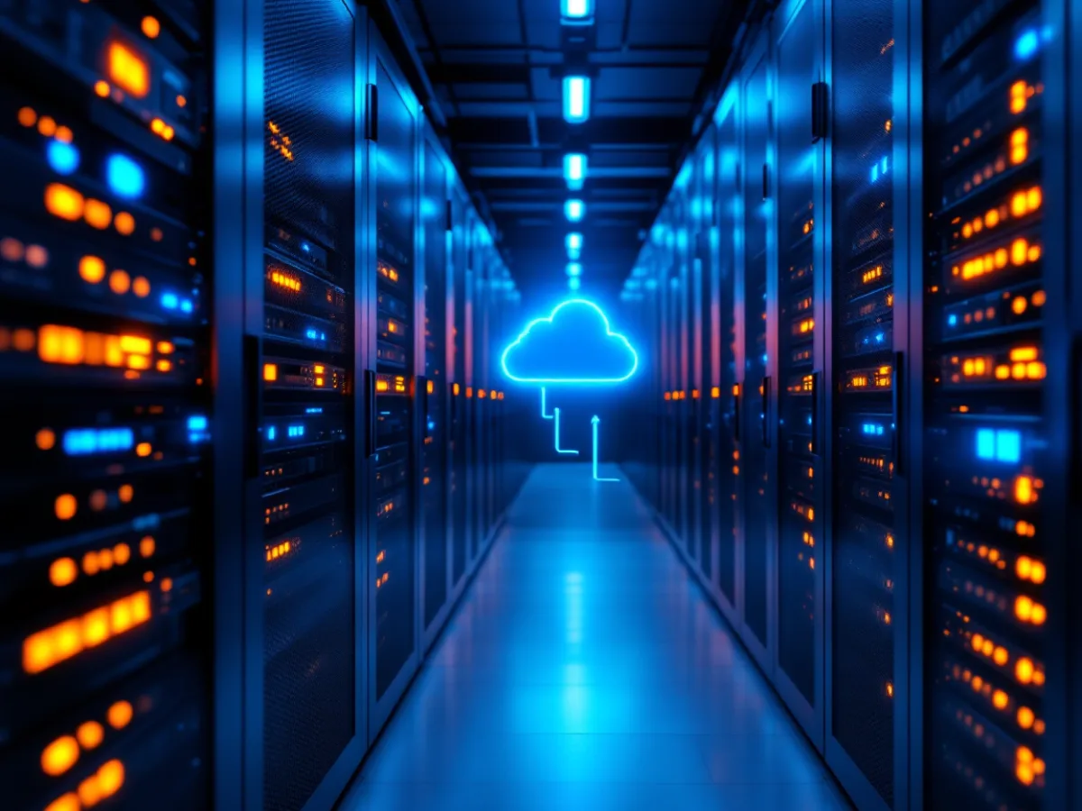 Server racks syncing to the cloud, illustrating managed backup and disaster recovery for business continuity