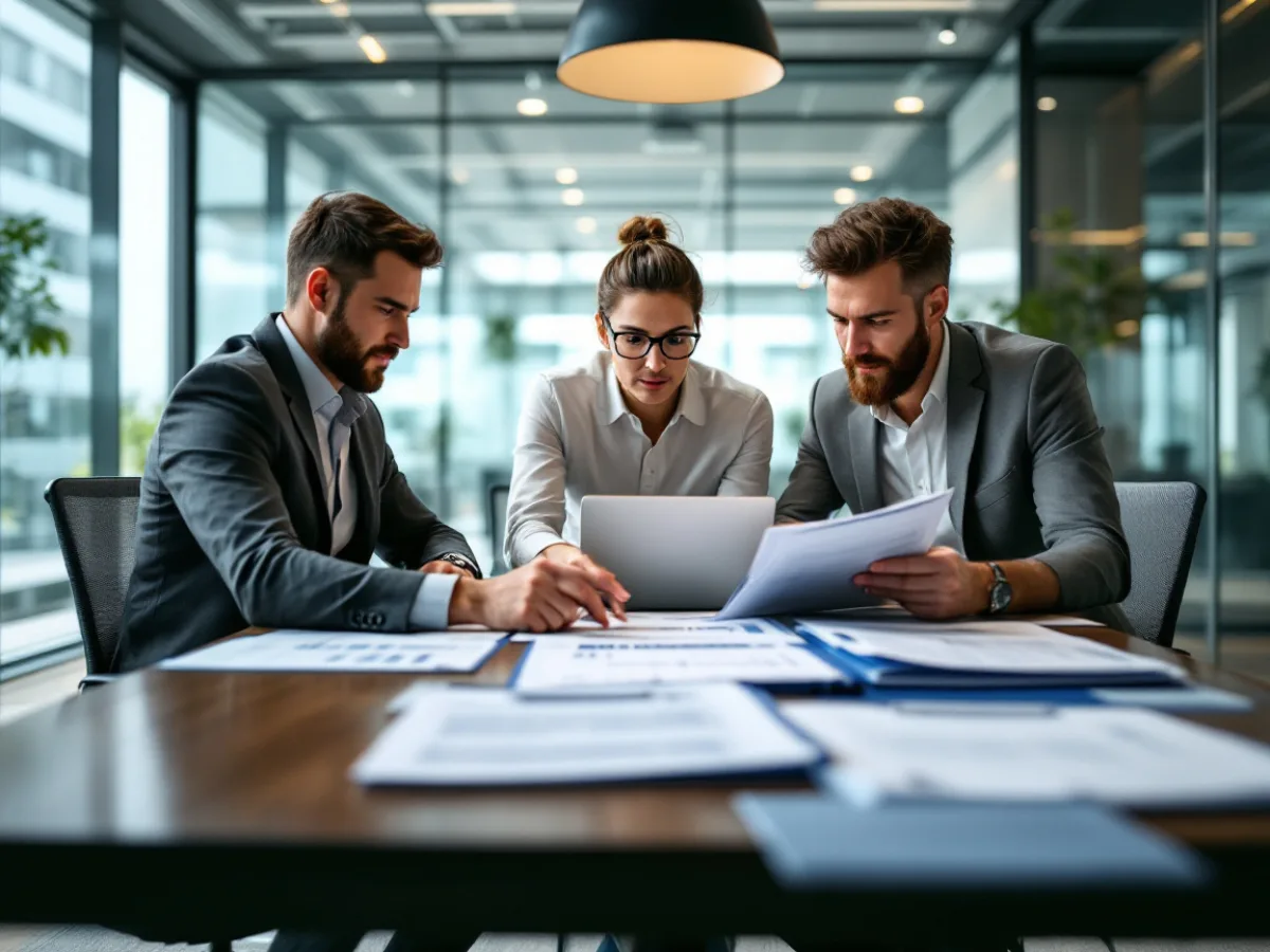 Three professionals in a glass conference room reviewing printed compliance documentation and audit evidence with a managed IT provider