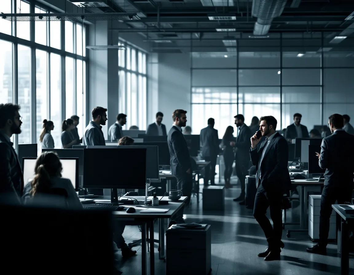 Employees idle at dark monitors during an IT outage, illustrating the downtime cost of break-fix IT support