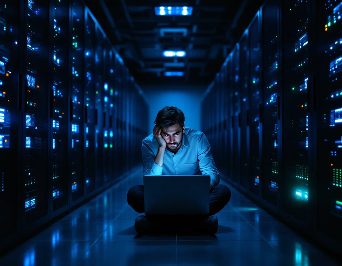 A single in-house IT technician working alone in a server room late at night, showing the coverage gap versus a managed IT team