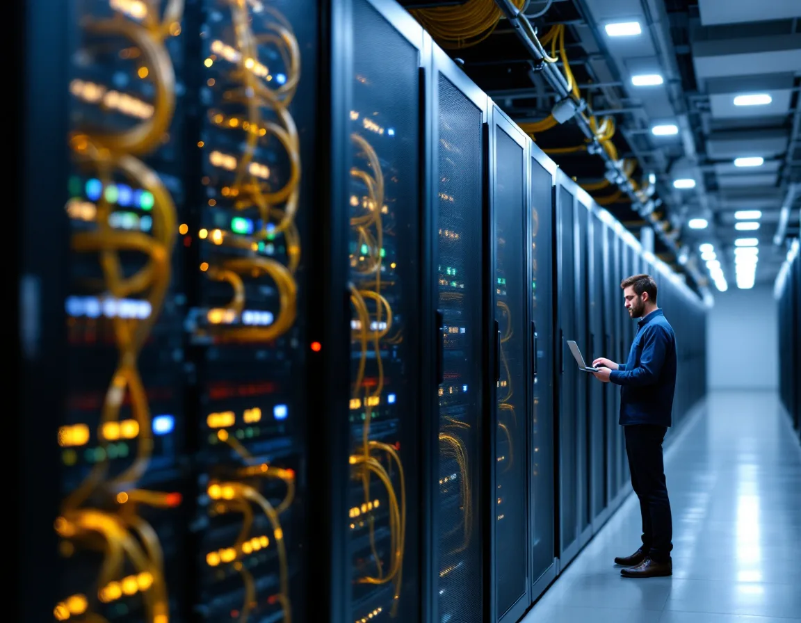 Rows of server cabinets and fiber patch cabling inside an Allen Texas colocation data center