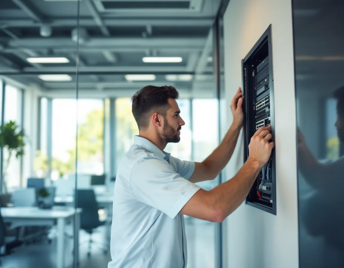 IT technician providing on-site managed IT support at a network cabinet in an Allen Texas office