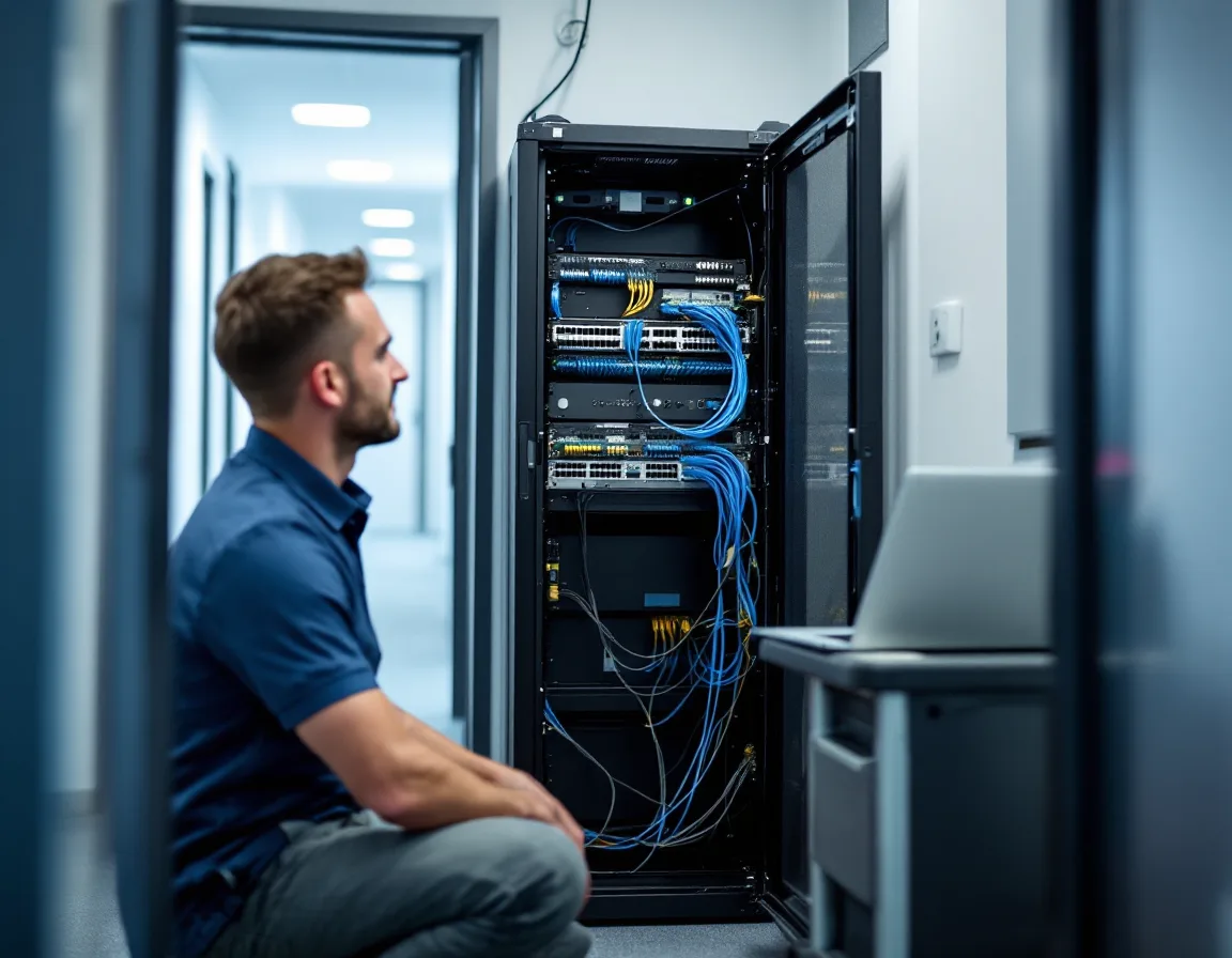 IT technician patching a network switch during on-site managed IT support at a Carrollton Texas business