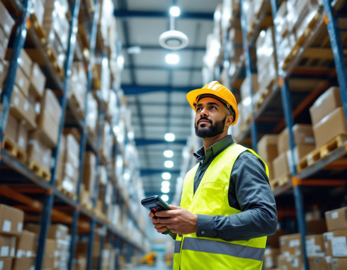 Warehouse operator scanning inventory under a ceiling wireless access point in a Carrollton Texas distribution facility