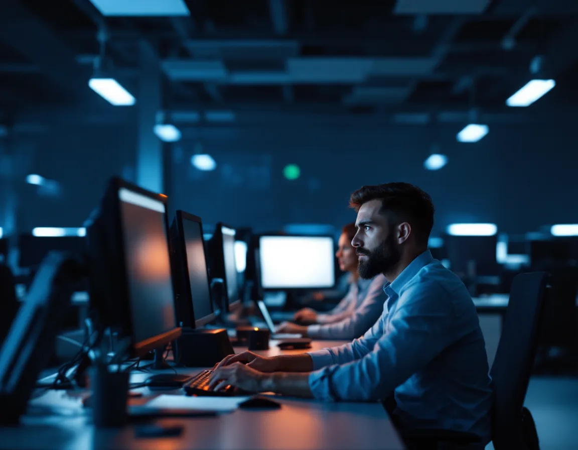 Dallas office employees idle at dark monitors during an IT outage, illustrating the downtime cost of break-fix IT support
