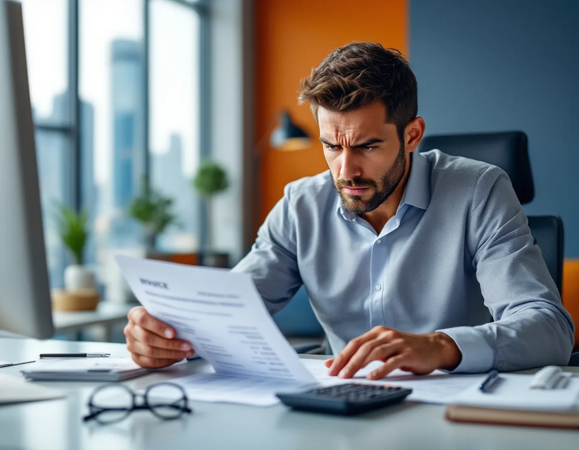 Finance manager reviewing a Dallas MSP invoice line by line to find onboarding fees and after-hours surcharges