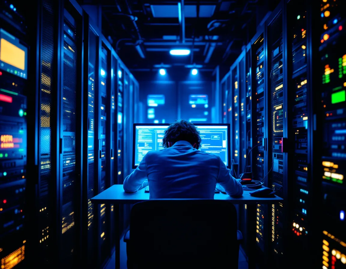 A single in-house IT technician working alone in a server room late at night, showing the coverage gap versus a managed IT team