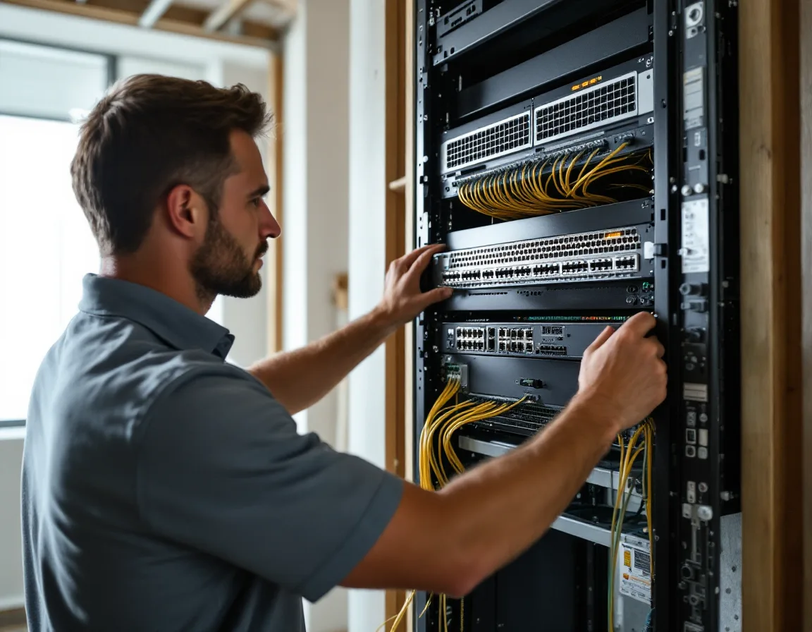 IT technician configuring network switches and a firewall during a new Cypress Texas office build out