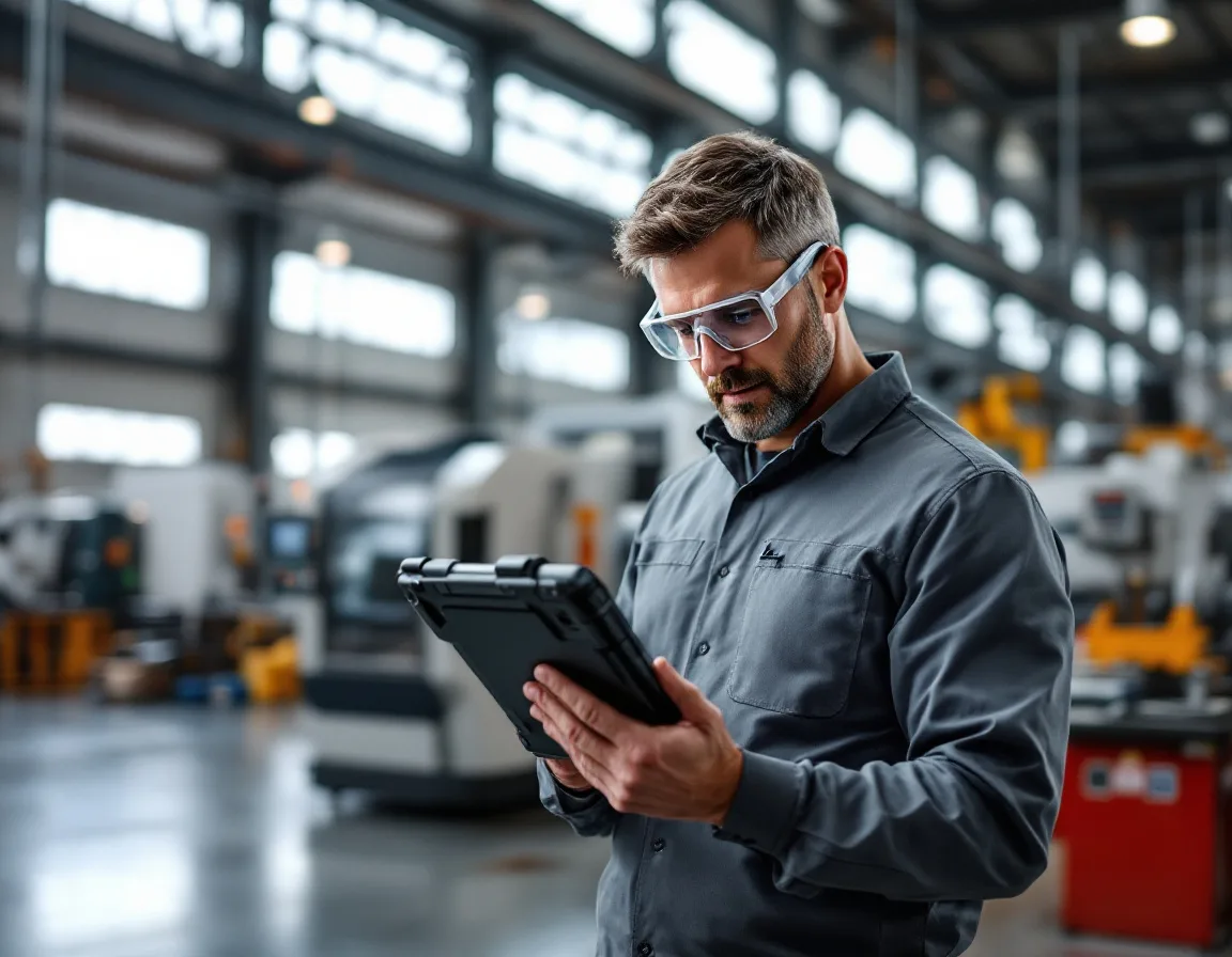 Production manager reviewing networked equipment data on a tablet at a Fort Worth precision manufacturing facility