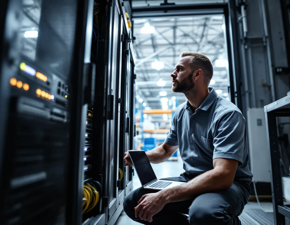 IT engineer servicing a network rack and patch panel inside a Garland Texas warehouse utility room