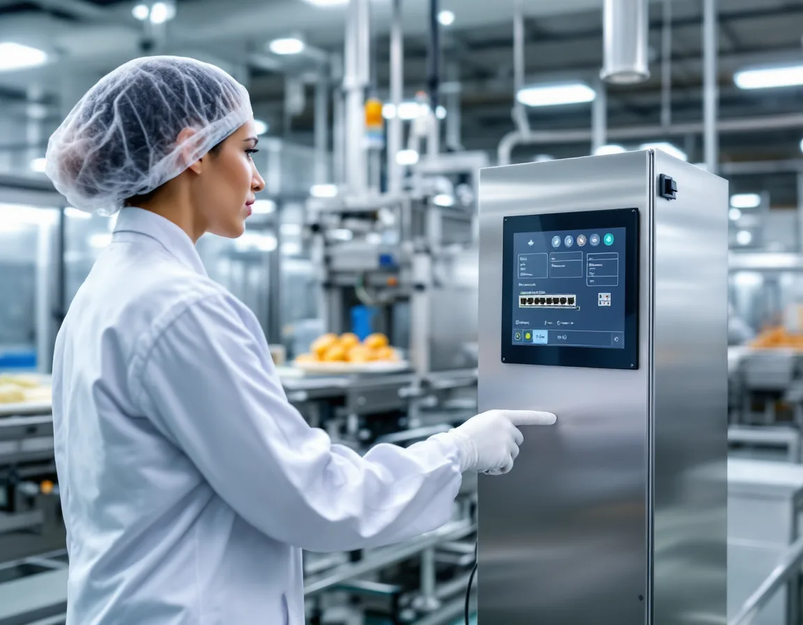 Operator at a networked HMI control panel beside a stainless steel production line in a Garland Texas food manufacturing plant