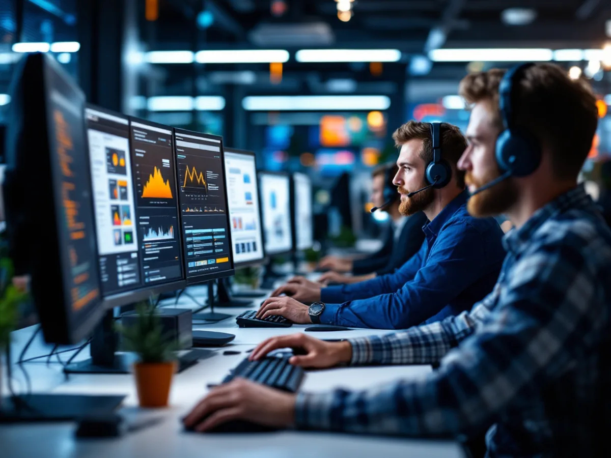 Managed IT help desk technicians wearing headsets responding to support tickets on network monitoring dashboards