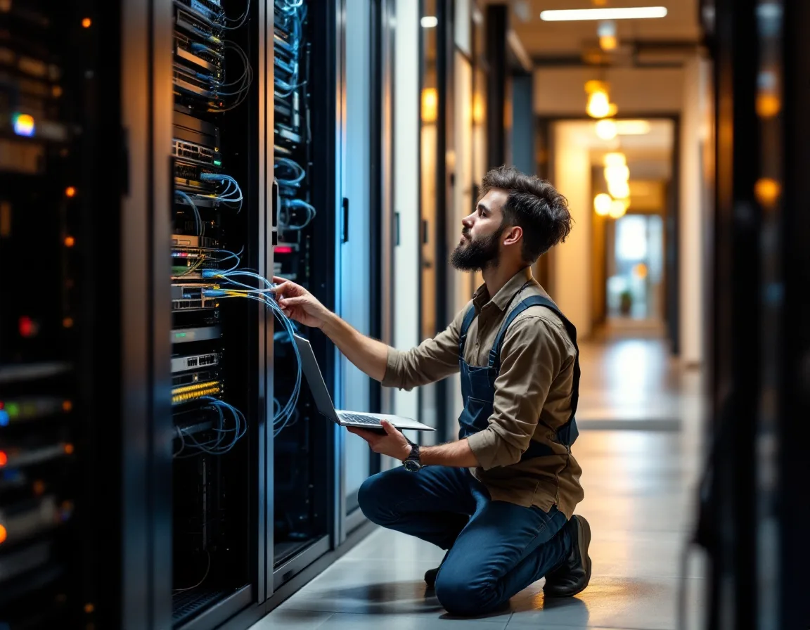 IT technician providing on-site managed IT support at a network rack in a McKinney Texas business